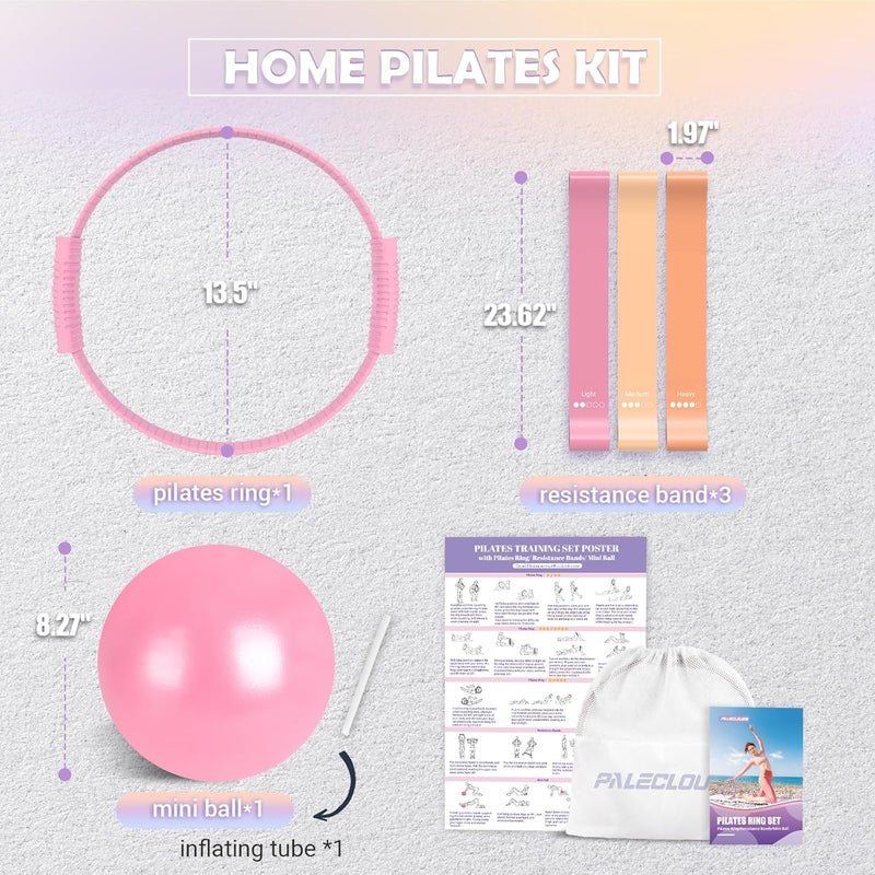 Paleclouds Pilates Essentials Kit for Women, 13.5" Pilates Ring and Ball Set with Resistance Bands for Home Workouts, Portable Pilates Kit with Bag & Training Poster for Full Body Exercise - Image 5